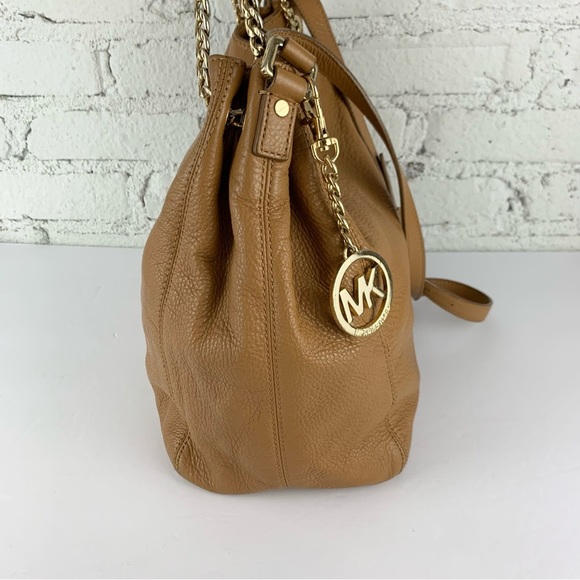 Michael Kors Gold Chain Jet Set Drawstring Tan Brown Leather Satchel Purse - Picture 4 of 12